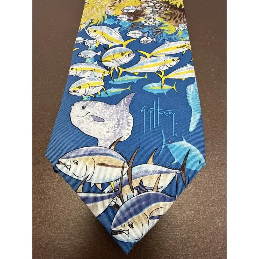 Vintage Guy Harvey Necktie Tie Ocean Tuna Mola Mola Blue Deep Sea Fishing